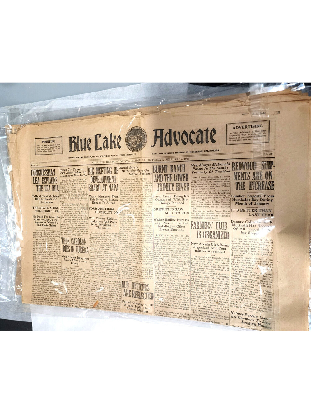 Vintage 1929 Blue Lake Advocate Newspaper Humboldt County California History